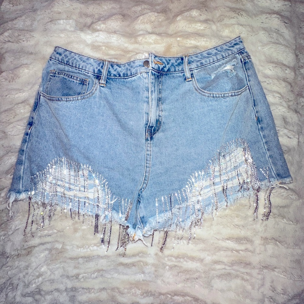 Denim rhinestone fringe shorts